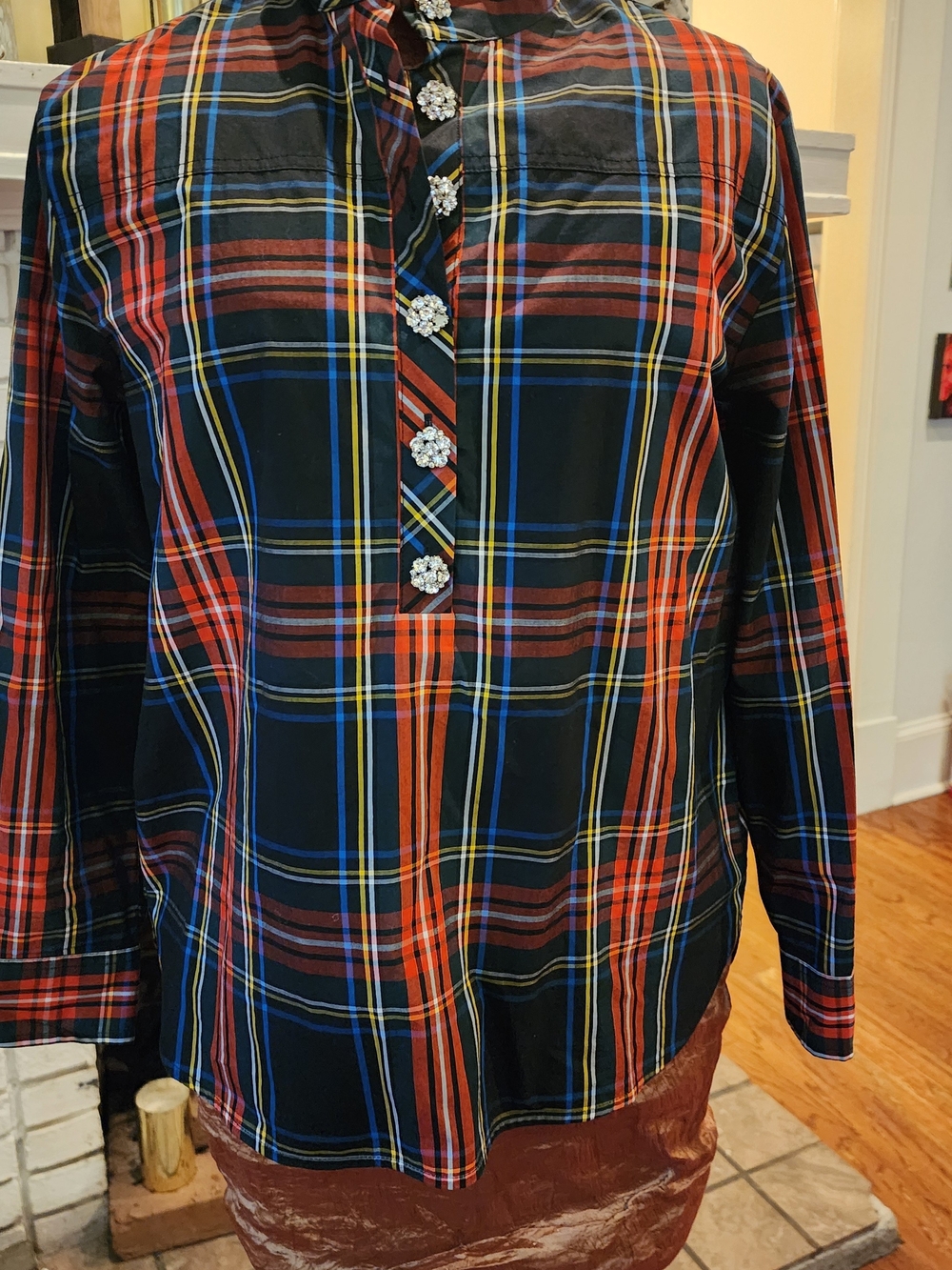 J.Crew Stewart Tartan Funnelneck Jeweled Button Shirt Size 4
